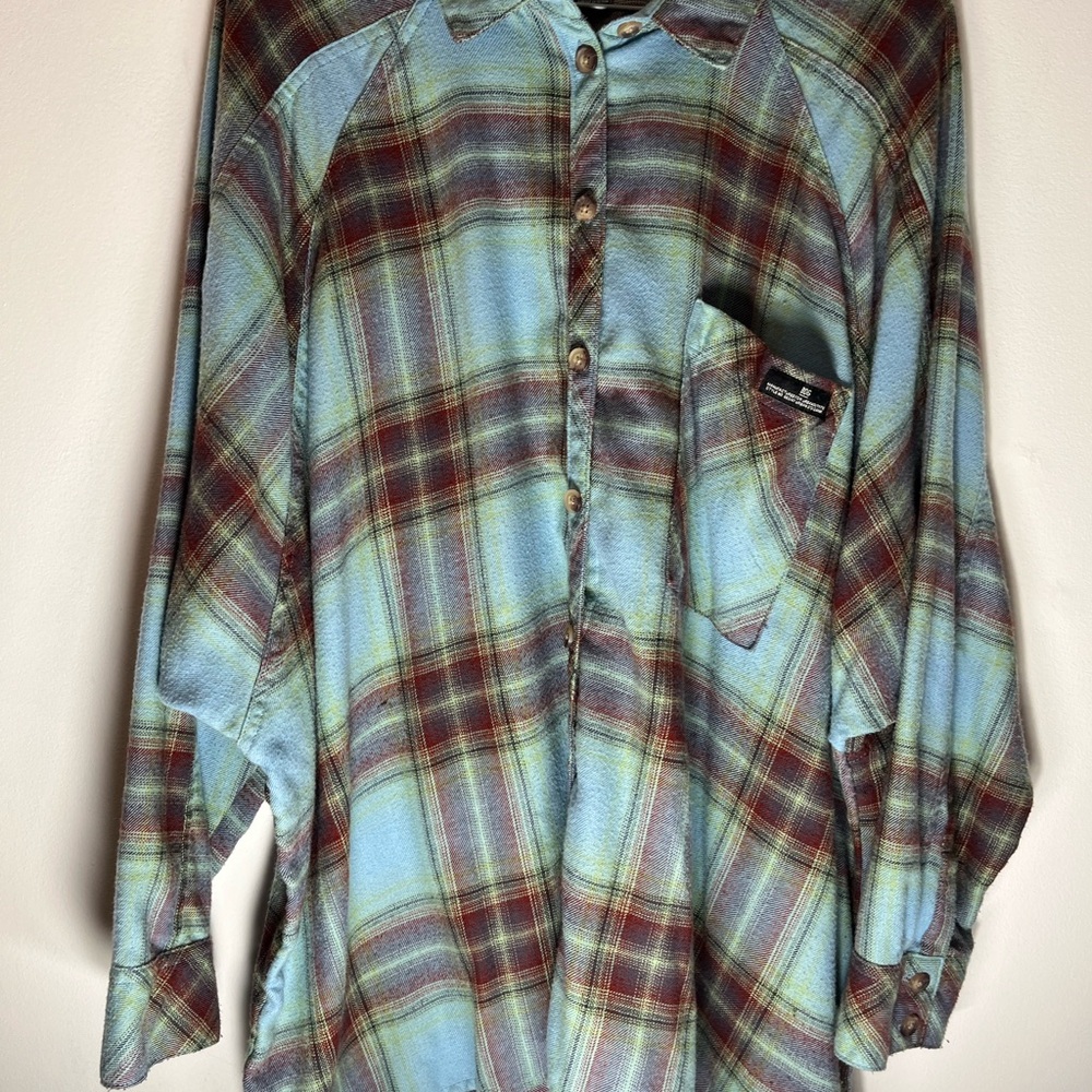 BDG Plaid Button-Up Blouse in Light Blue and Burgundy
